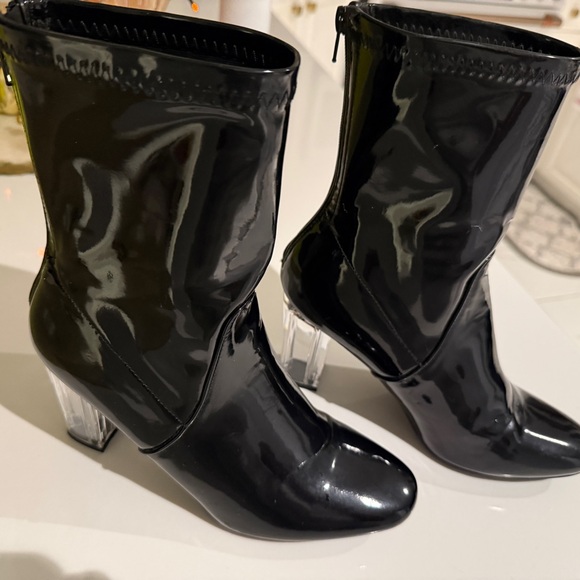 Glossy Patent Black Heeled Boots with Clear Block Heel - Picture 6 of 7